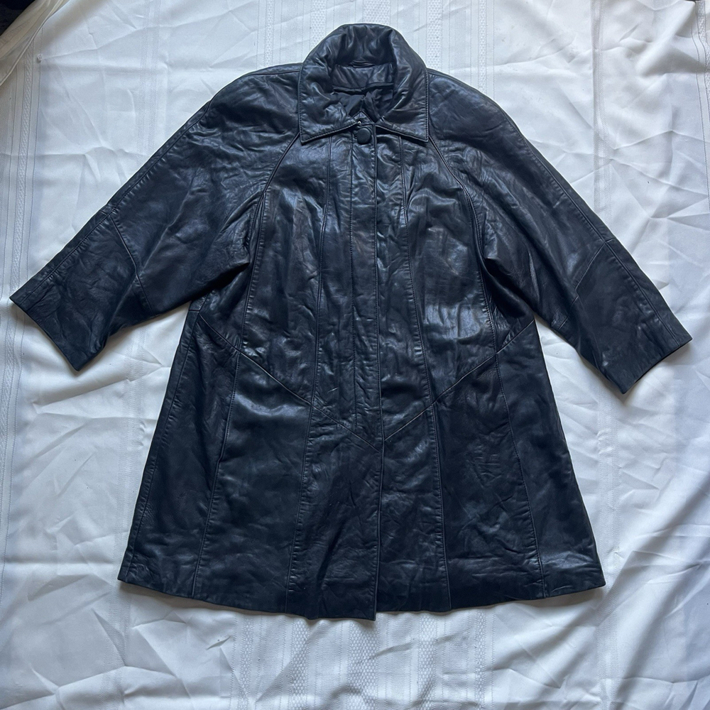 Vintage Tibor Black Grunge Genuine Leather Trench Coat Large Minimalist Moto